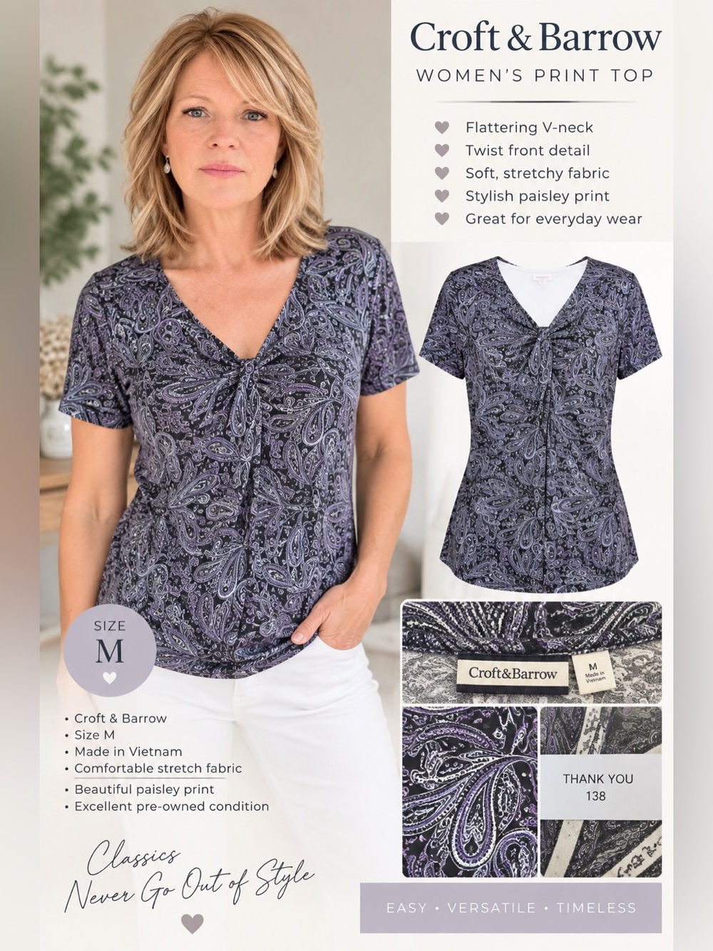 Croft & Barrow Black and Purple Paisley Top